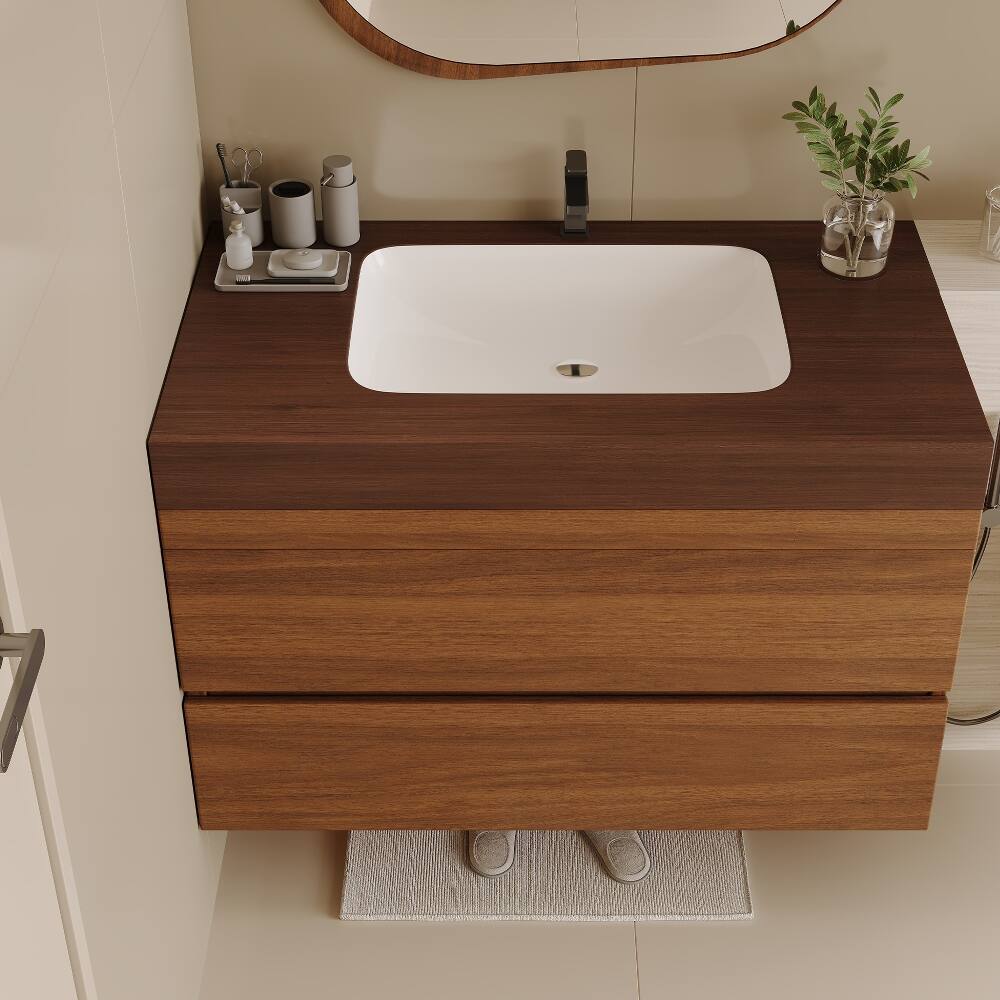 Angle. Loheer - Loheer 29.9 inch floating bathroom vanity Walnut Wall Mounted Vanity with Sink - Walnut.