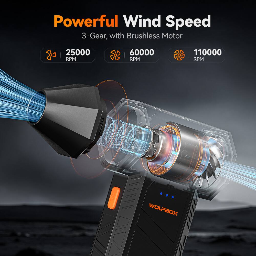 Powerful Wind Speed  
3-Gear, with Brushless Motor  
25000 RPM  
60000 RPM  
110000 RPM  

WOLFBOX