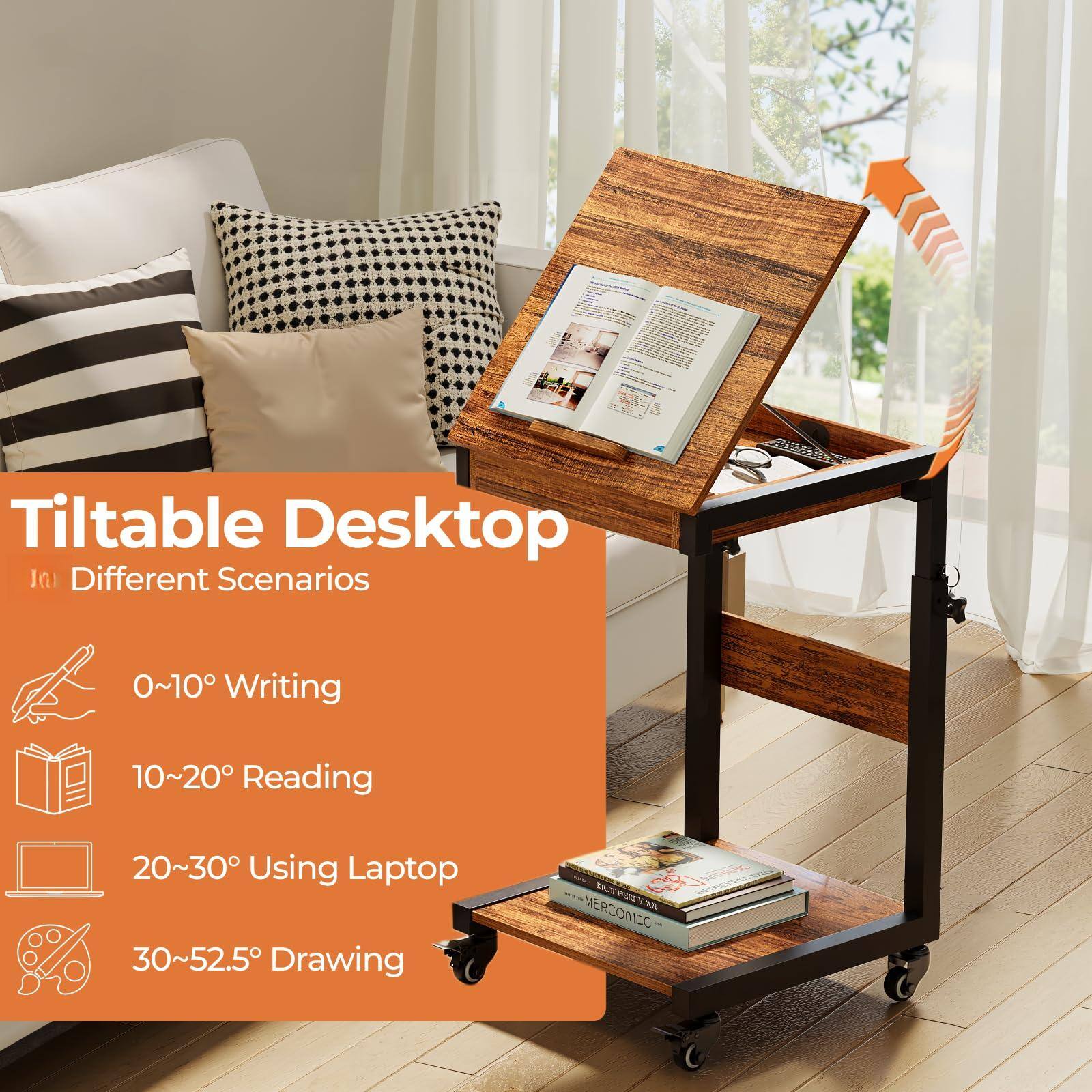 Tilttable Desktop  
Different Scenarios  

0~10° Writing  
10~20° Reading  
20~30° Using Laptop  
30~52.5° Drawing  

MERCONEC
