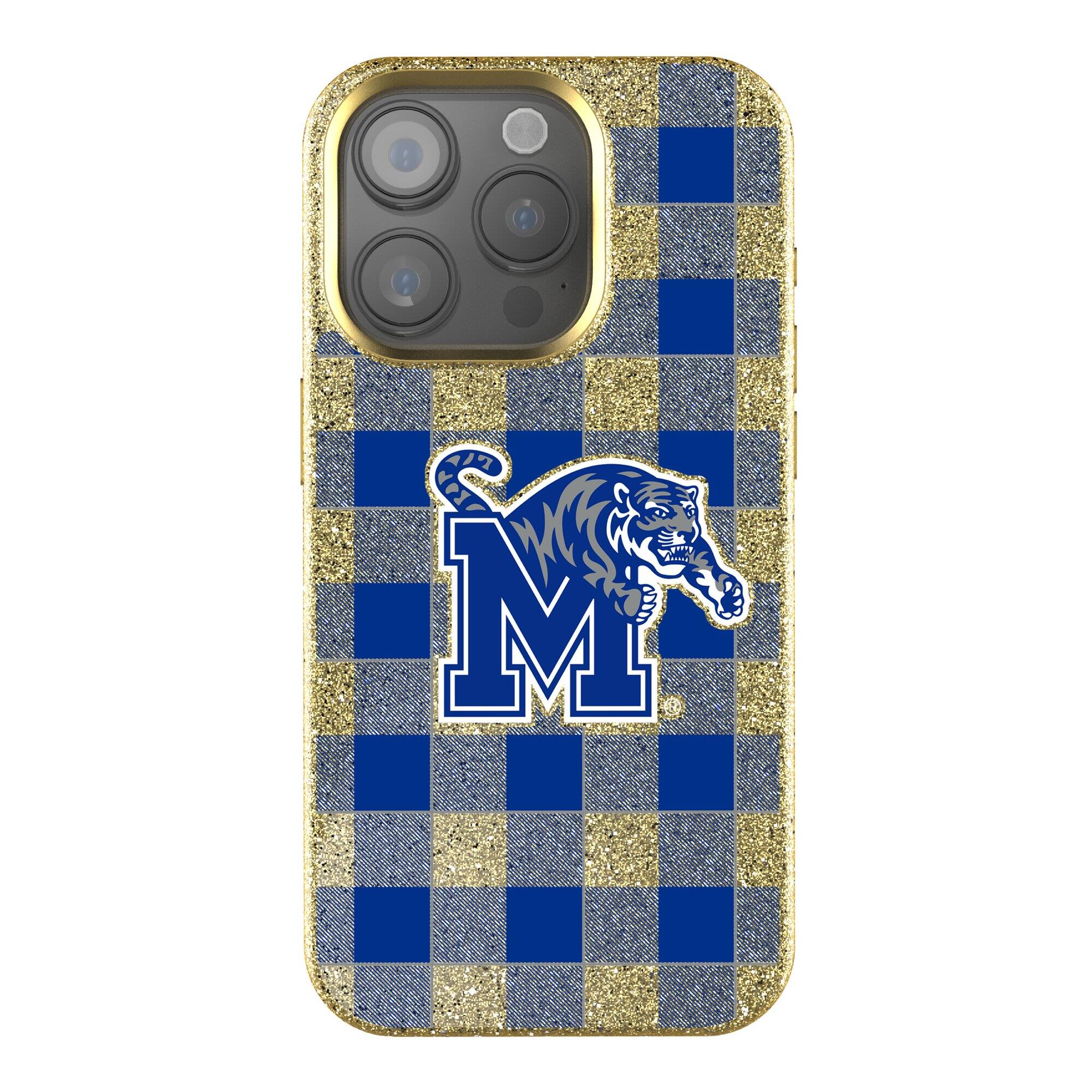 Front. Keyscaper - Memphis Tigers Plaid Bling iPhone Case - 14 Pro Max - Gold.