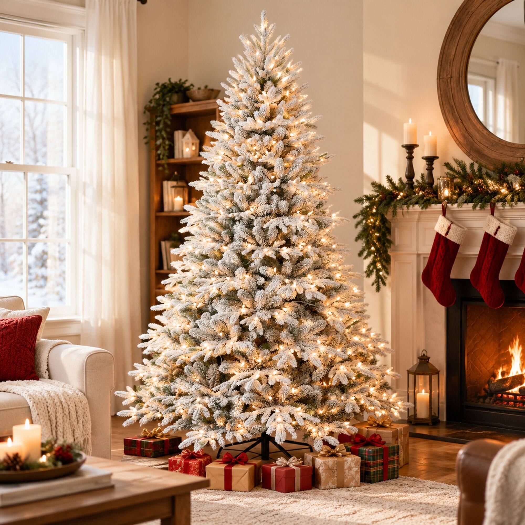 Angle. RYHNUYNE - 7.5 Ft Flocked Artificial Christmas Tree With 650 Warm Lights, 3135 Tips Snowy Hinged Foldable Metal Stand Decor - Green,White.