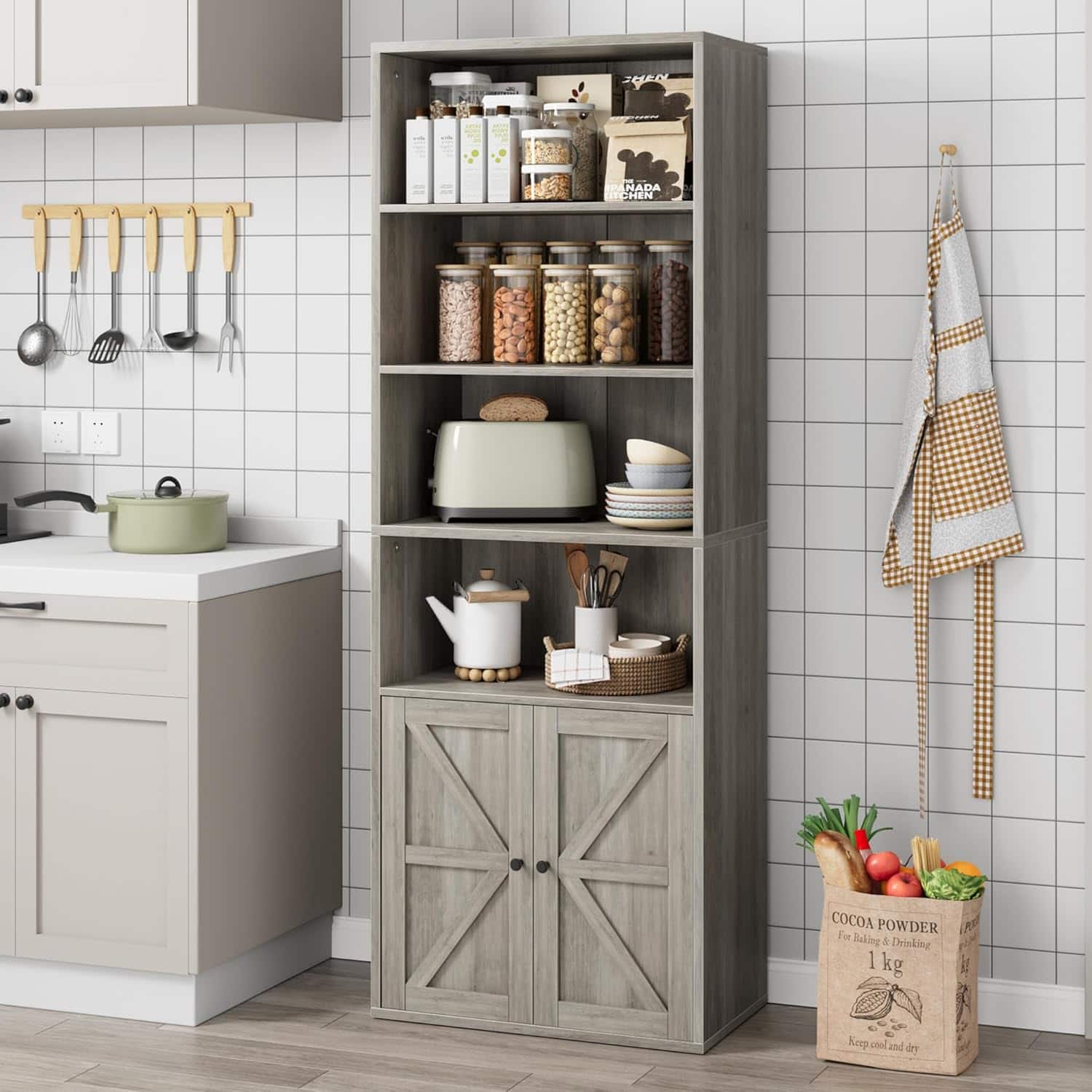 GAOMON - Farmhouse Bookcase with Doors, 71.4" Tall 6-Shelf Wooden Bookshelf, 11.8" Deep Storage Cabinet for Living Room Office - Gray