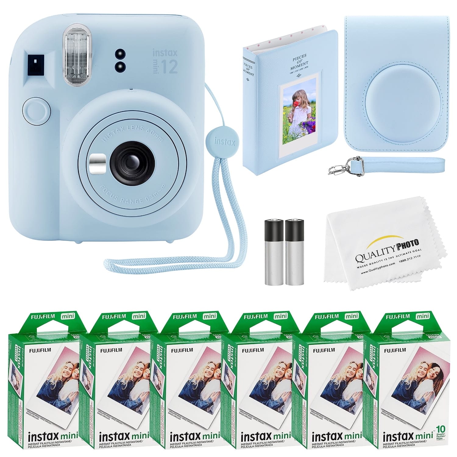 Fujifilm - Instax Mini 12 Instant Camera 60 Photo Prints Quality Photo Value Bundle Case Decoration Stickers Frames Photo Album - Pastel Blue