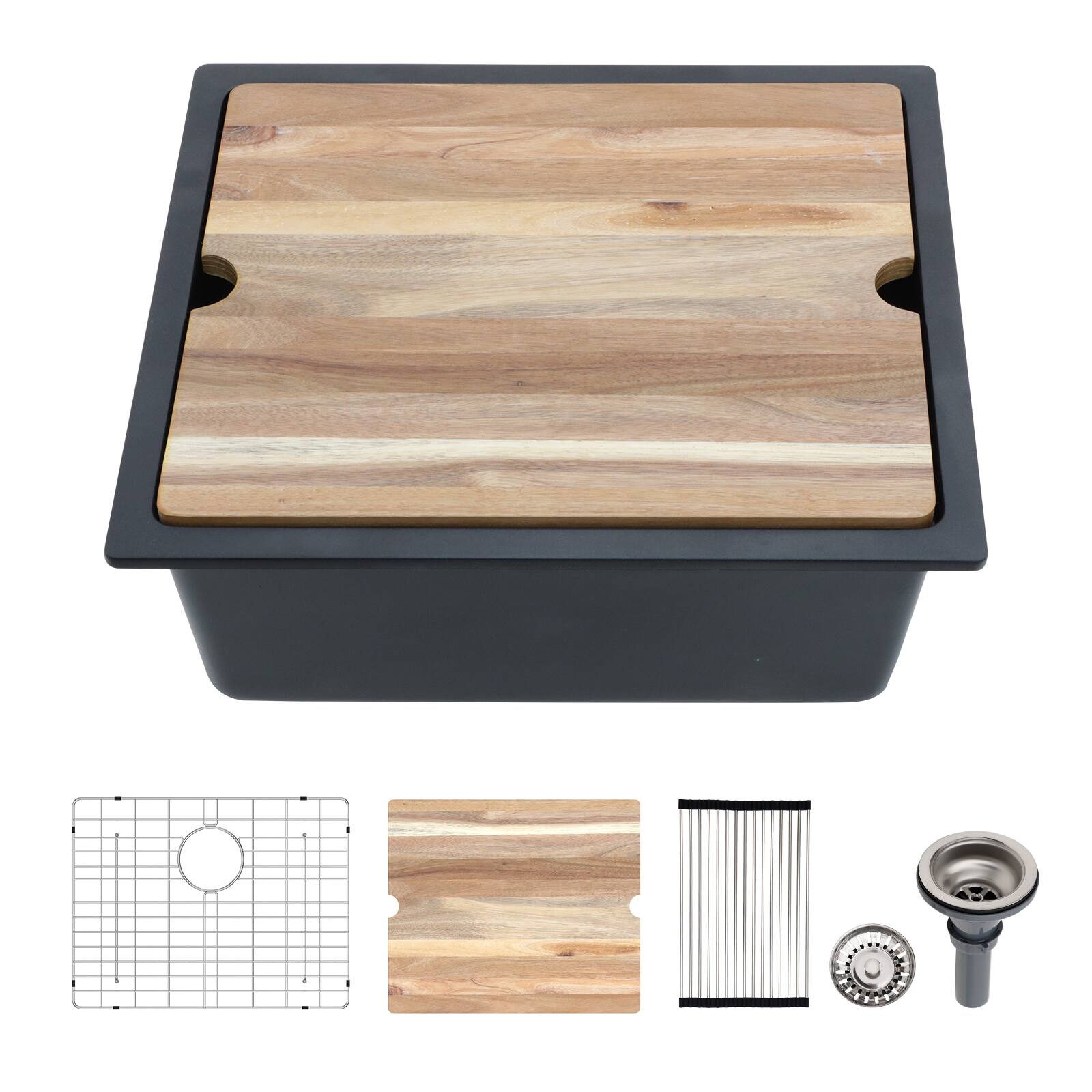 Front. Lordear - 21x18x10 Inch Black Granite Composite Undermount kitchen Sink Single Bowl Quartz Workstation Bar Sink - Black.