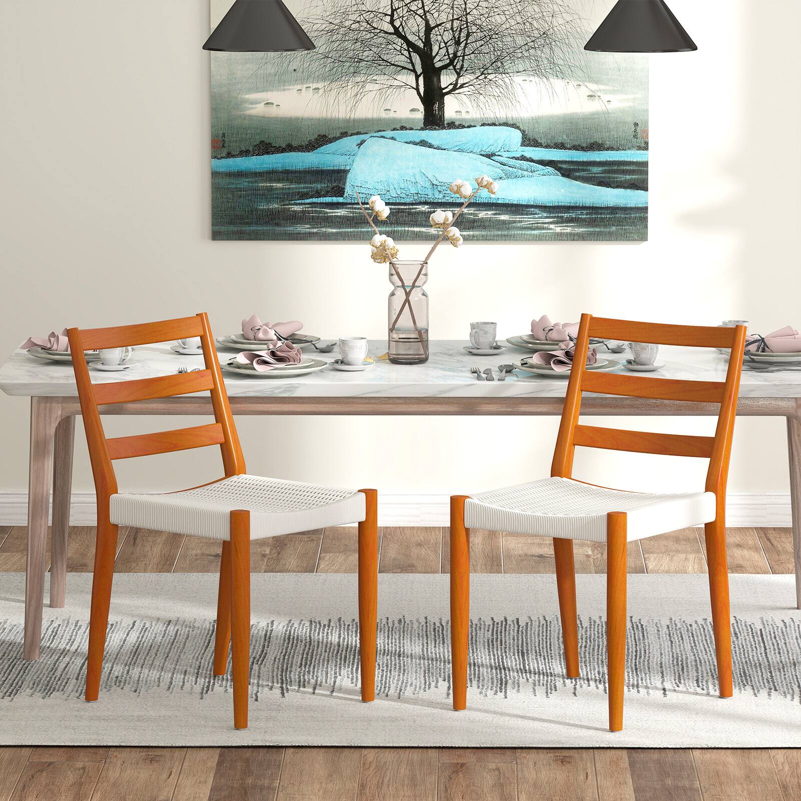 Angle. Bestier - Dining Chairs with Curved Wooden Backrest, Woven Rope Seat and Solid Wood Tapered Legs - wooden.