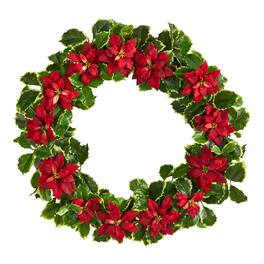 BreeBe - 21" Poinsettia and Variegated Holly Christmas Wreath - Red