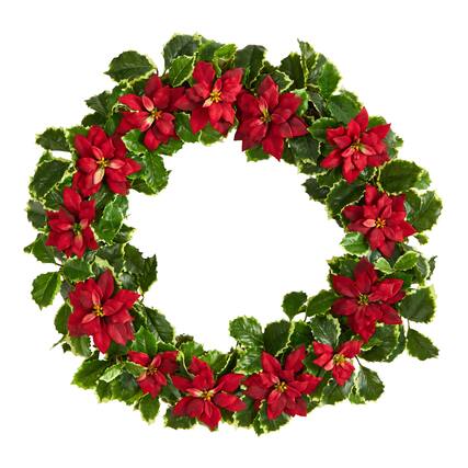 Front. BreeBe - 21" Poinsettia and Variegated Holly Christmas Wreath - Red.