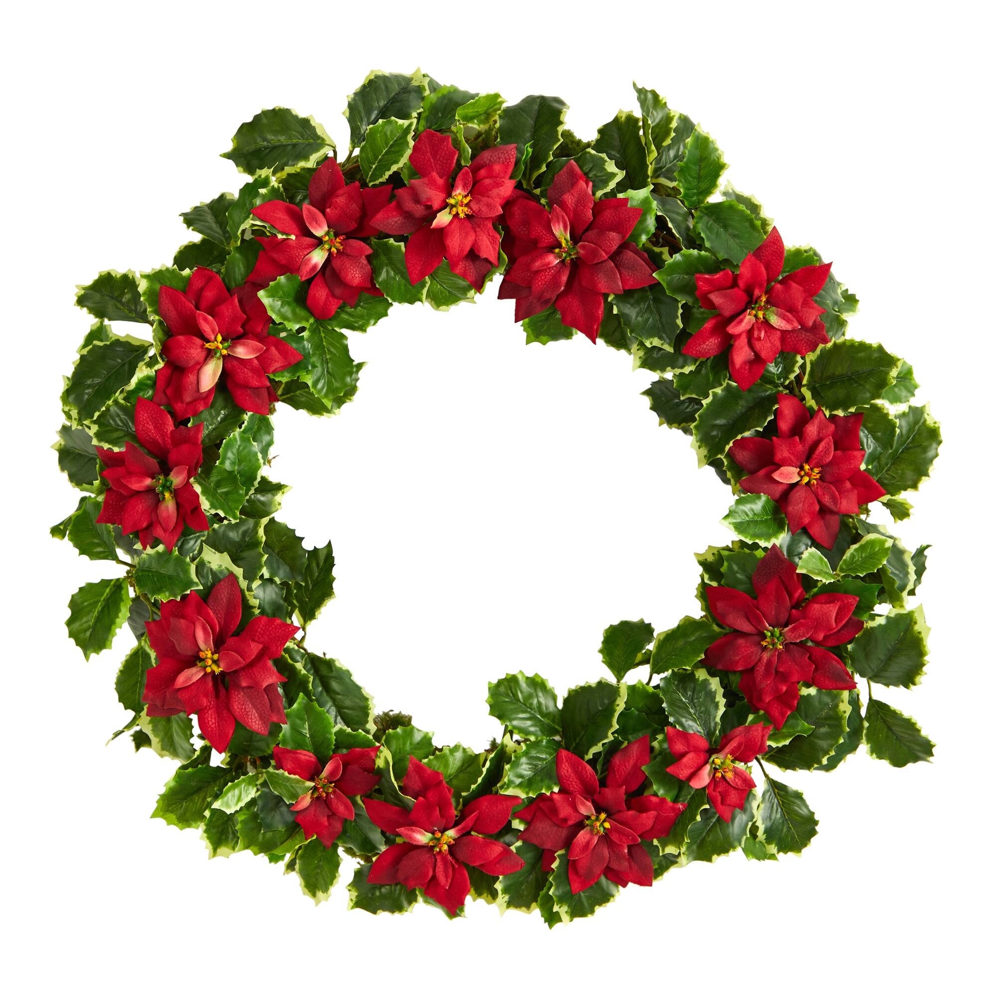 Front. BreeBe - 21" Poinsettia and Variegated Holly Christmas Wreath - Red.