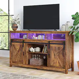 Espafurni - LED - Equipped Farmhouse TV Stand for 65 - inch TVs - Rustic Entertainment Center with Power Outlets - Rustic Brown