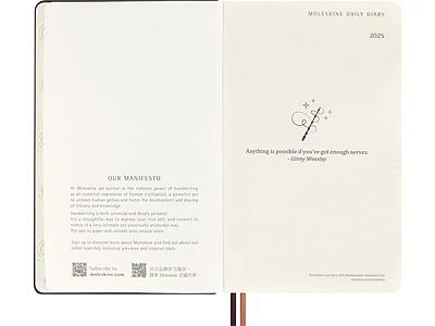 **MOLESKINE DAILY DIARY 2025**

**OUR MANIFESTO**

At Moleskine, we believe in the timeless power of writing as an essential expression of human thought, creativity, and emotion. We are committed to creating notebooks that are not only beautiful but also functional, durable, and inspiring. Our notebooks are designed to help you capture your thoughts, dreams, and ideas, and to keep them safe for years to come.

Writing is both a personal and creative act. It's a thoughtful way to express yourself, to reflect on your experiences, and to explore your imagination. It's a way to connect with your inner self and to find clarity in your thoughts.

Put your thoughts on paper and start your own personal journey. Discover the joy of writing and the power of your own creativity.

Sign up to discover more about Moleskine and our exclusive products and events.

[QR Code] Subscribe to moleskine.com

**RESTO**

Anything is possible if you've got enough nerve.
— Ginny Weasley

**MOLESKINE DAILY DIARY 2025**

**Anything is possible if you've got enough nerve.**
— Ginny Weasley

**RESTO**

A journal is a powerful