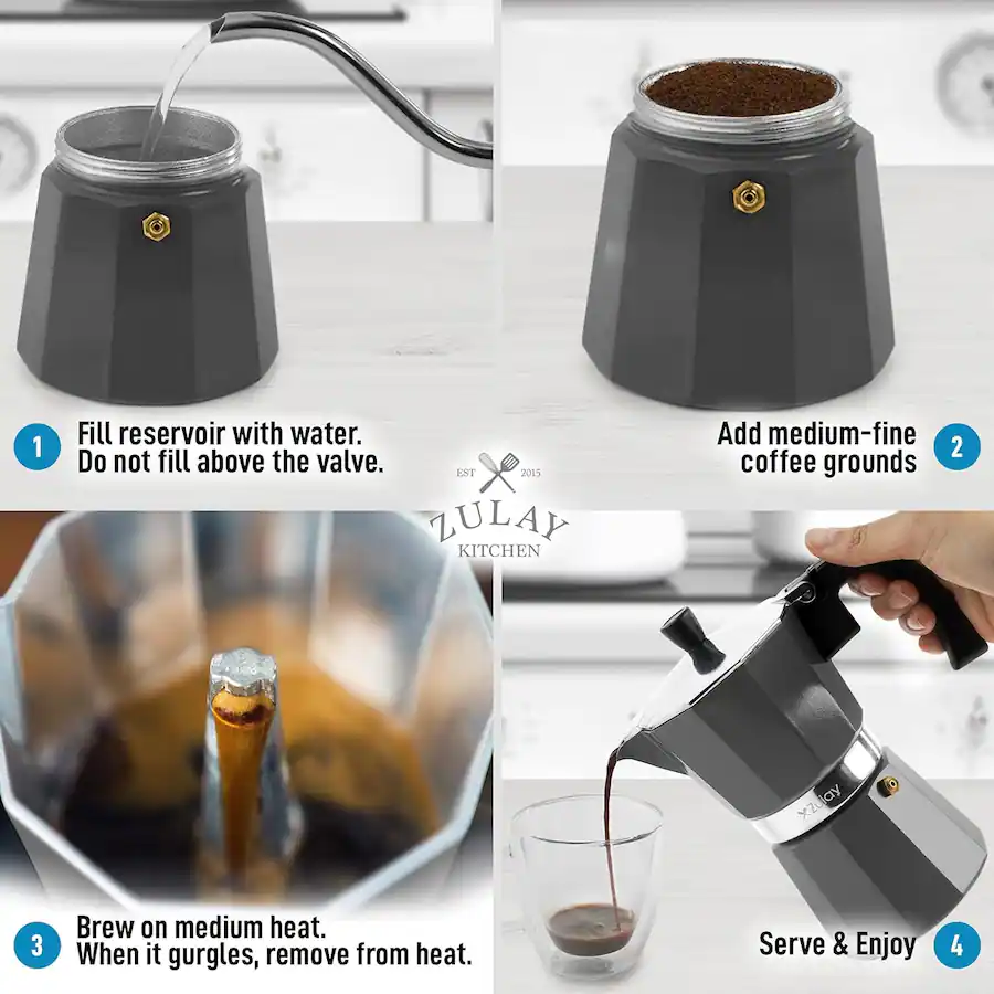 Zulay Kitchen Stovetop Espresso Maker Moka Pot 6 Espresso Cups Silver Z ...