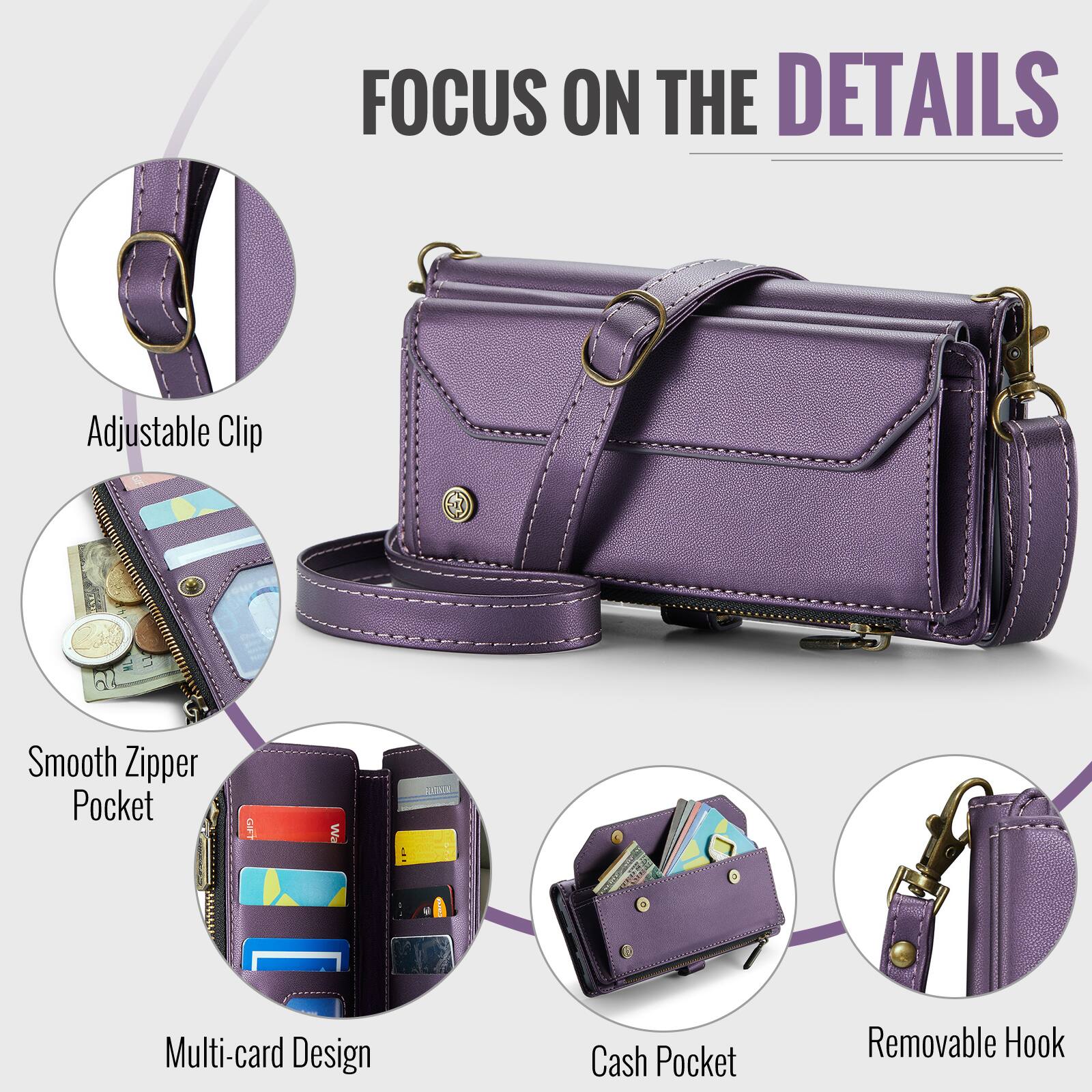 FOCUS ON THE DETAILS

Adjustable Clip
Smooth Zipper Pocket
Multi-card Design
Cash Pocket
Removable Hook