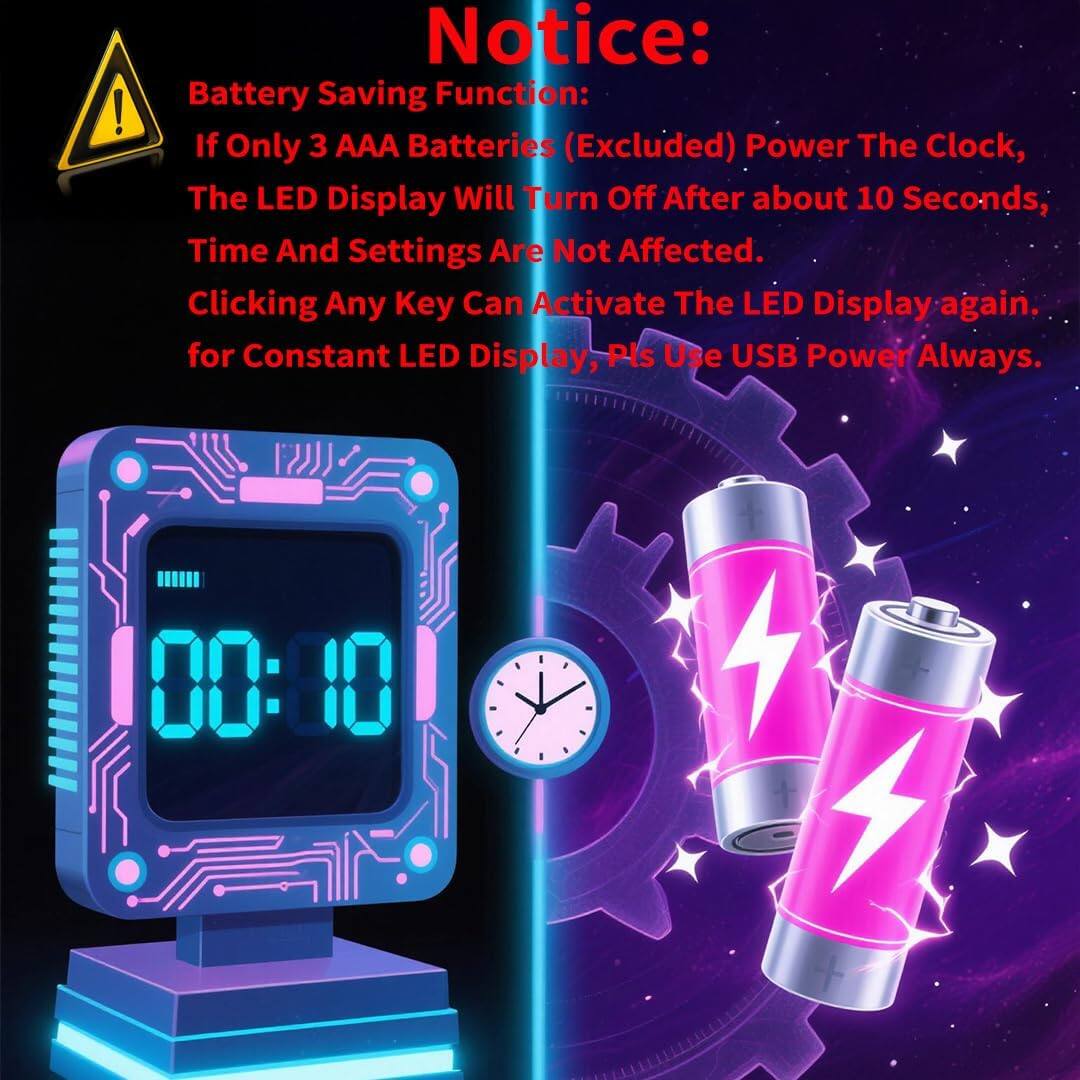 Notice:

Battery Saving Function:
If only 3 AAA batteries (excluded) power the clock, the LED display will turn off after about 10 seconds. Time and settings are not affected. Clicking any key can activate the LED display again. For constant LED display, please use USB power always.