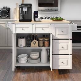 U-HOMY - Rolling Kitchen Island Cart with Drop Leaf, Wooden Countertop, 2-Door Cabinet, 5 Drawers & Spice Rack - White