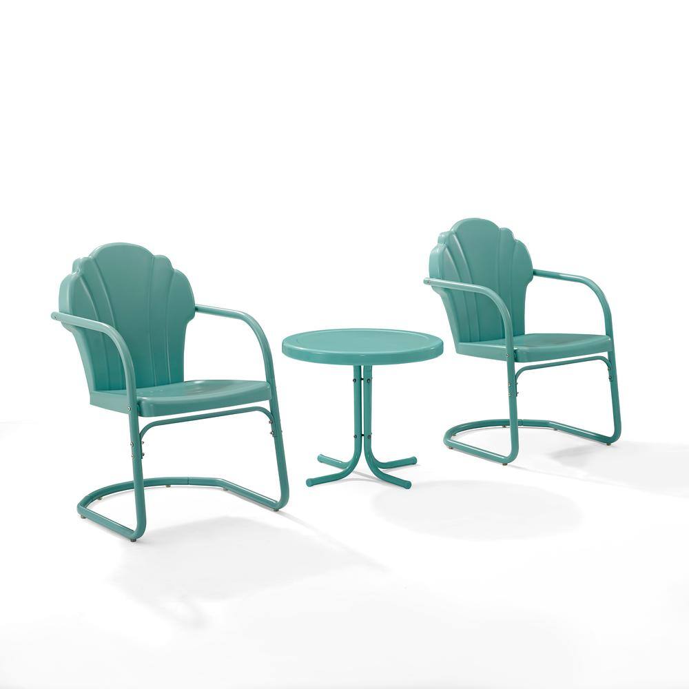 Left. Crosley Furniture - Tulip 3Pc Retro Outdoor Chair Set - Side Table & 2 Chairs - Pastel Blue Satin.
