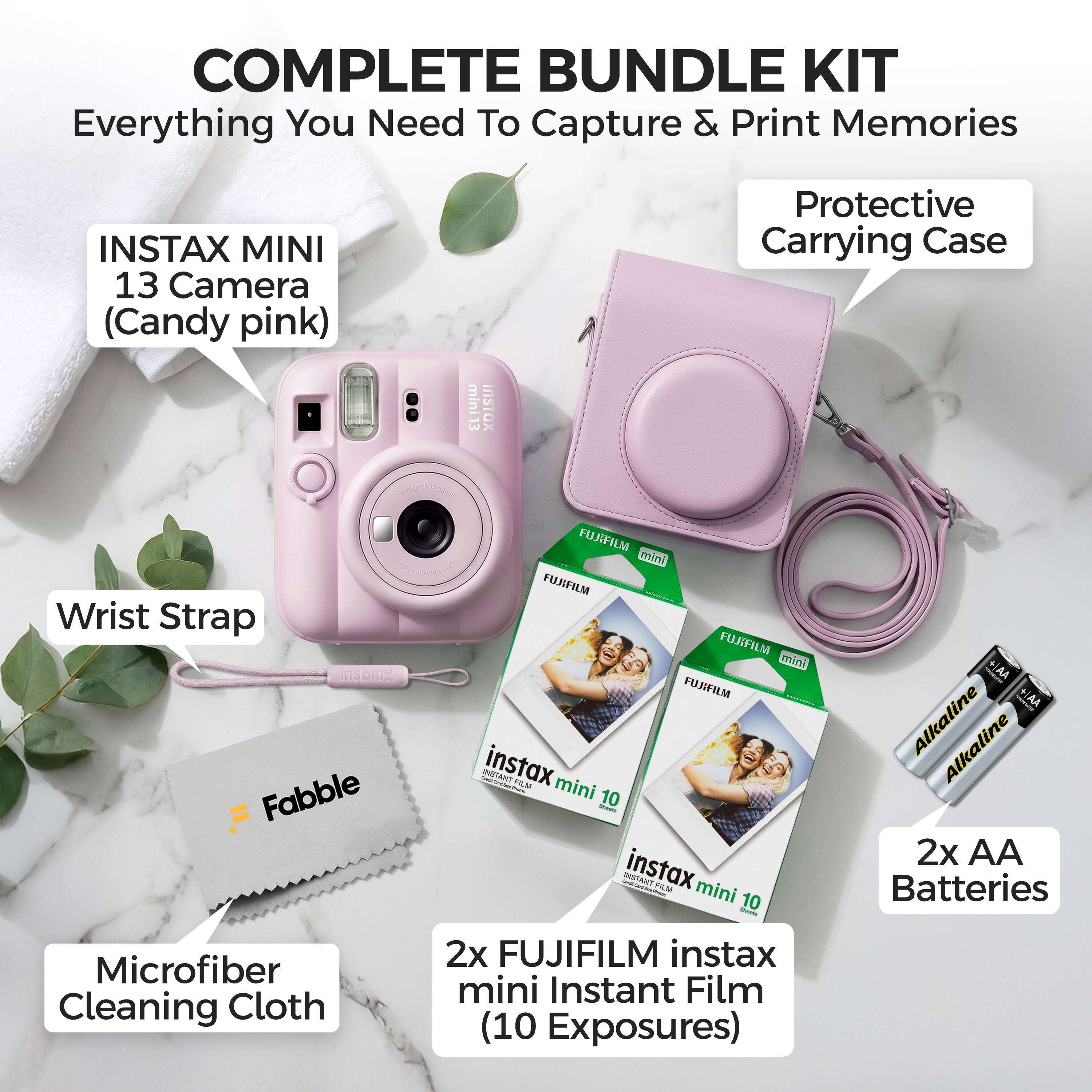 COMPLETE BUNDLE KIT  
Everything You Need To Capture & Print Memories  

INSTAX MINI 13 Camera (Candy pink)  
Protective Carrying Case  
Wrist Strap  
Microfiber Cleaning Cloth  
2x AA Alkaline Batteries  
2x FUJIFILM instax mini Instant Film (10 Exposures)