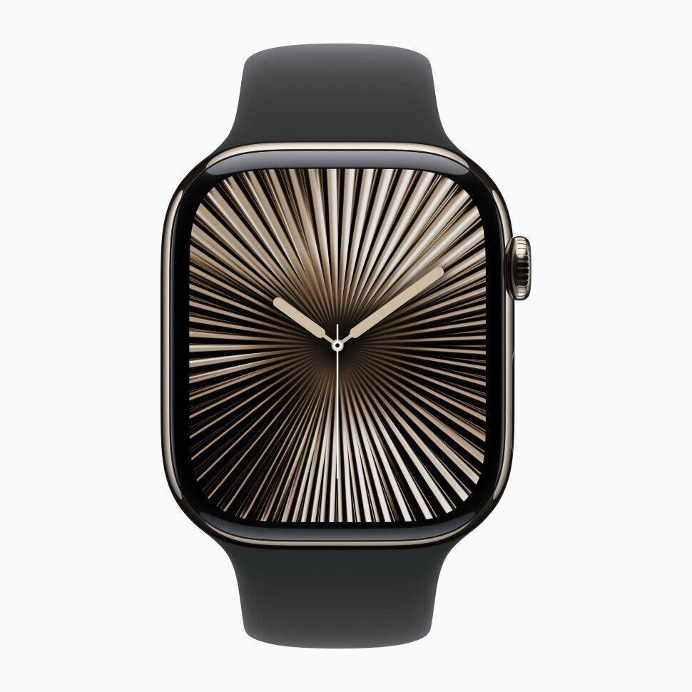 Angle. Apple - Apple Watch Series 10 42mm Natural Titanium, Black Sport Band GPS + Cellular - Natural Titanium with Black Sport Band.