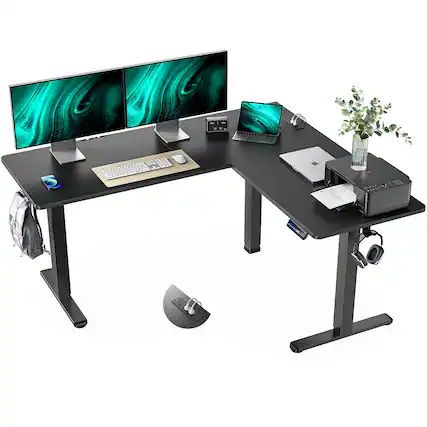 Front. HUANUO - HUANUO L Shaped Electric Standing Desk, 63 x 55 Inch Adjustable Height with 4-in 1 Electrical Outlet - Black.
