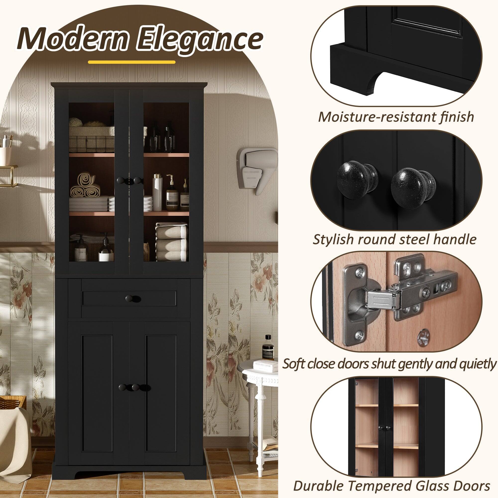 Modern Elegance

- Moisture-resistant finish
- Stylish round steel handle
- Soft close doors shut gently and quietly
- Durable Tempered Glass Doors