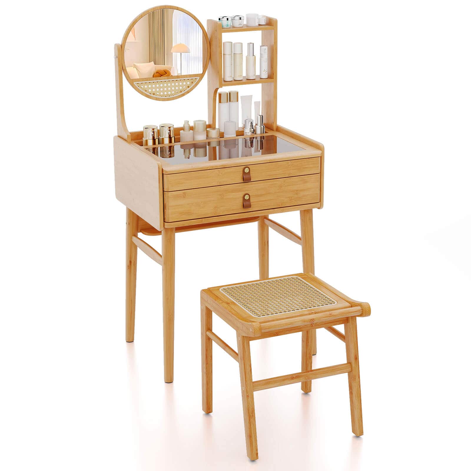 Front. Costway - Costway 23.5" Compact Makeup Table Set with 2 Drawers Open Storage Shelves Vanity Stool - Natural.