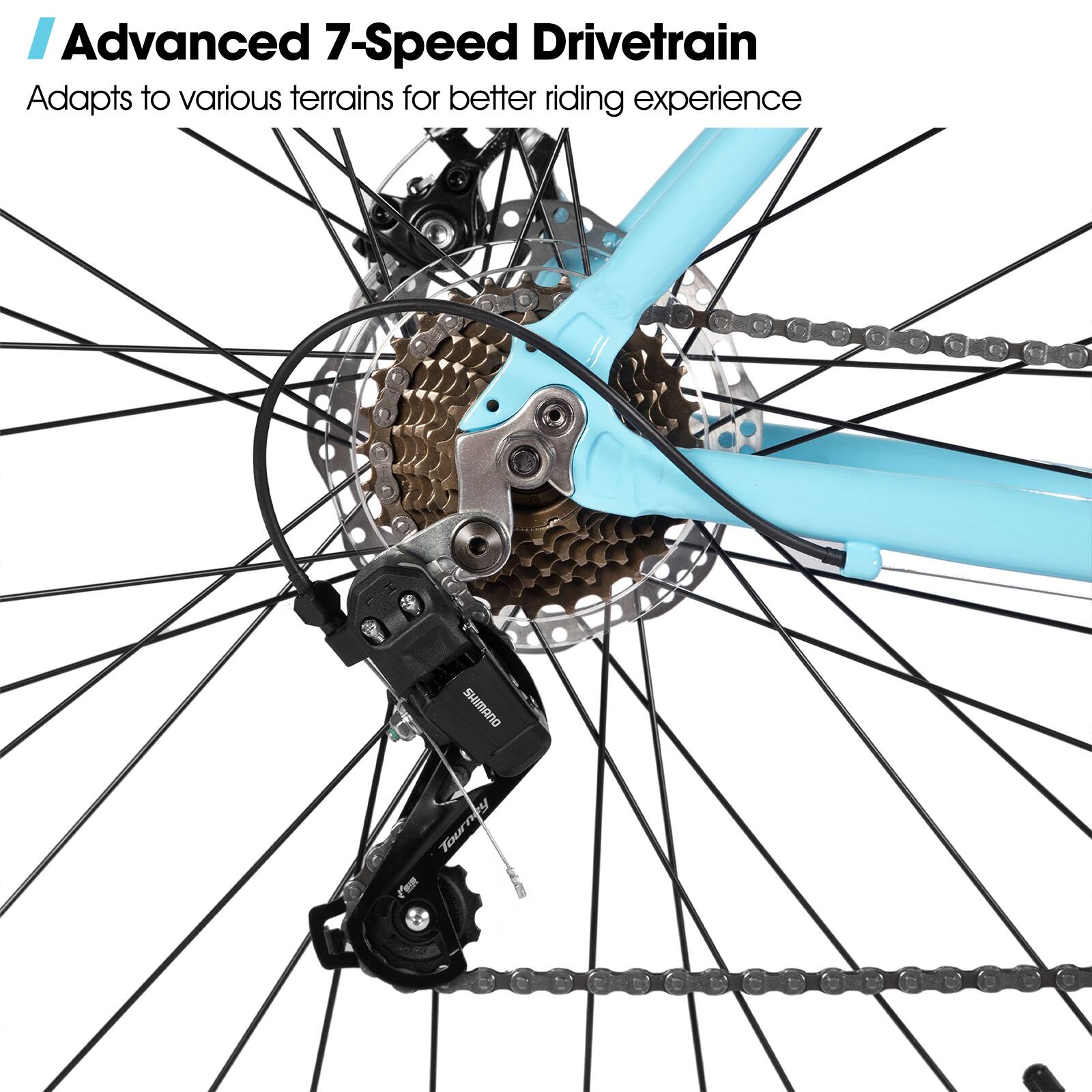 Advanced 7-Speed Drivetrain Adapts to various terrains for better riding experience SHIMANO Tourney