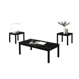 Vaczon - 3-Piece Faux Marble Coffee Table Set, 1 Coffee Table and 2 End Tables with Solid Rubberwood Legs for Living Room - Black