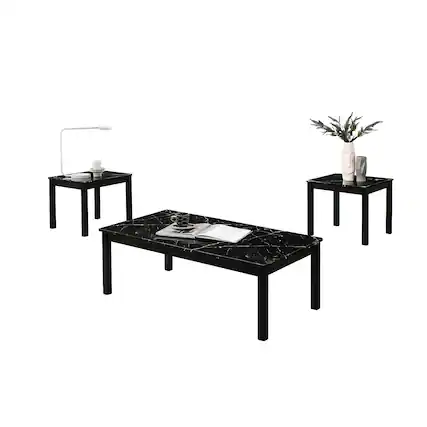 Front. Vaczon - 3-Piece Faux Marble Coffee Table Set, 1 Coffee Table and 2 End Tables with Solid Rubberwood Legs for Living Room - Black.