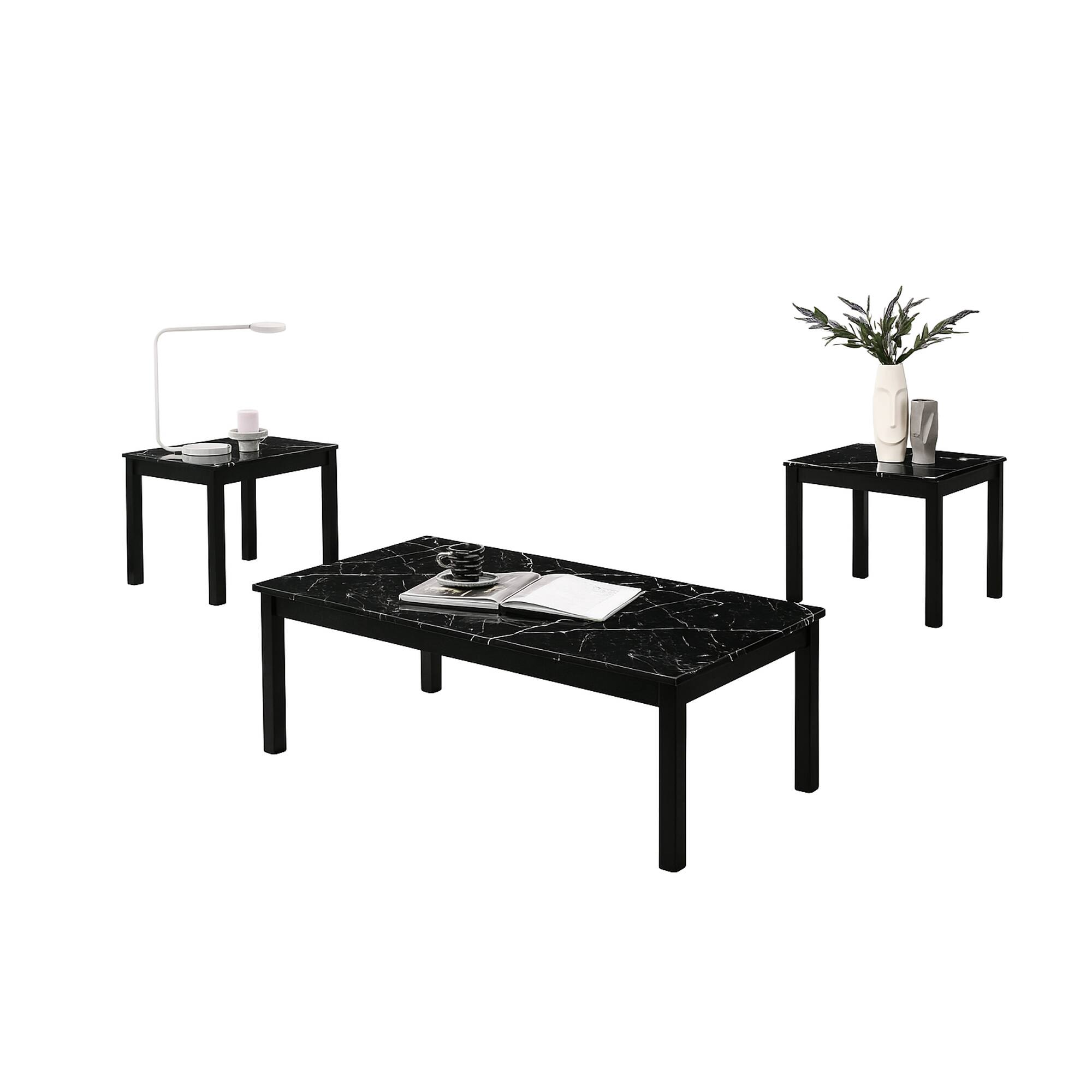 Front. Vaczon - 3-Piece Faux Marble Coffee Table Set, 1 Coffee Table and 2 End Tables with Solid Rubberwood Legs for Living Room - Black.