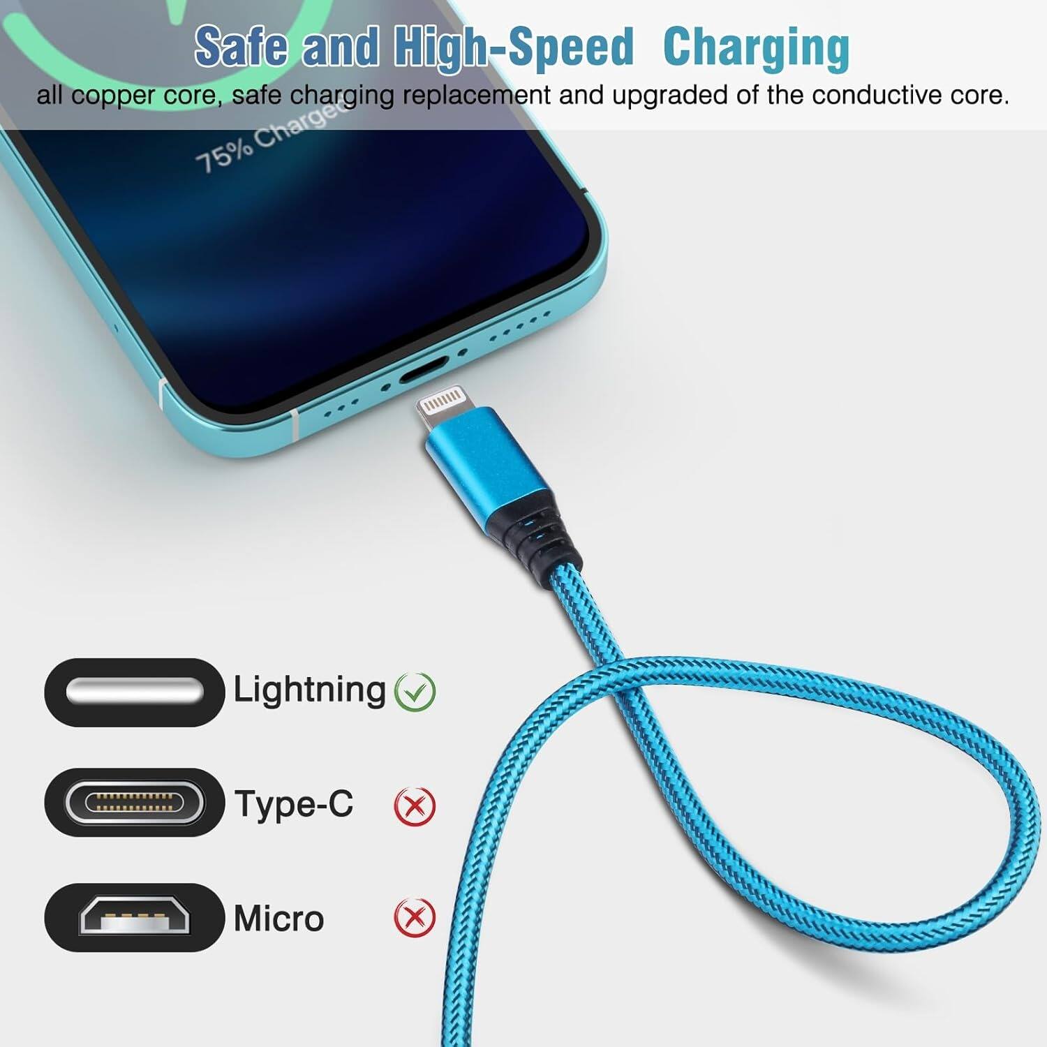 MOSZAR LLC 10FT iPhone Charger Cable 5-Pack [Apple MFi Certified] Nylon  Braided Fast Charging Red, Purple, Orange, Blue, LightGreen