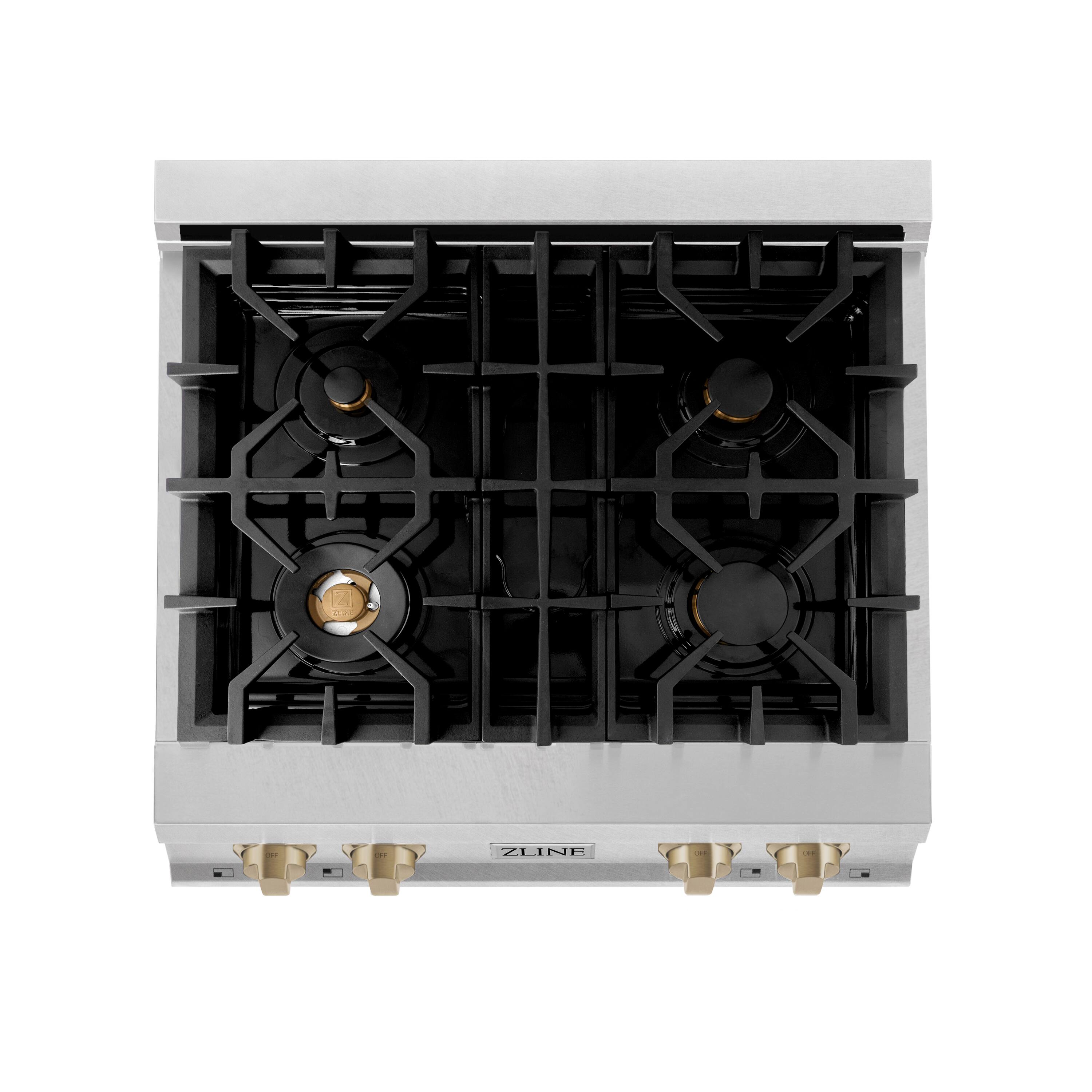 Left. ZLINE - ZLINE Autograph 30 in. Legacy Gas Rangetop with 4 Burners in Satin Steel with Bronze Accents - Satin Stainless Steel.