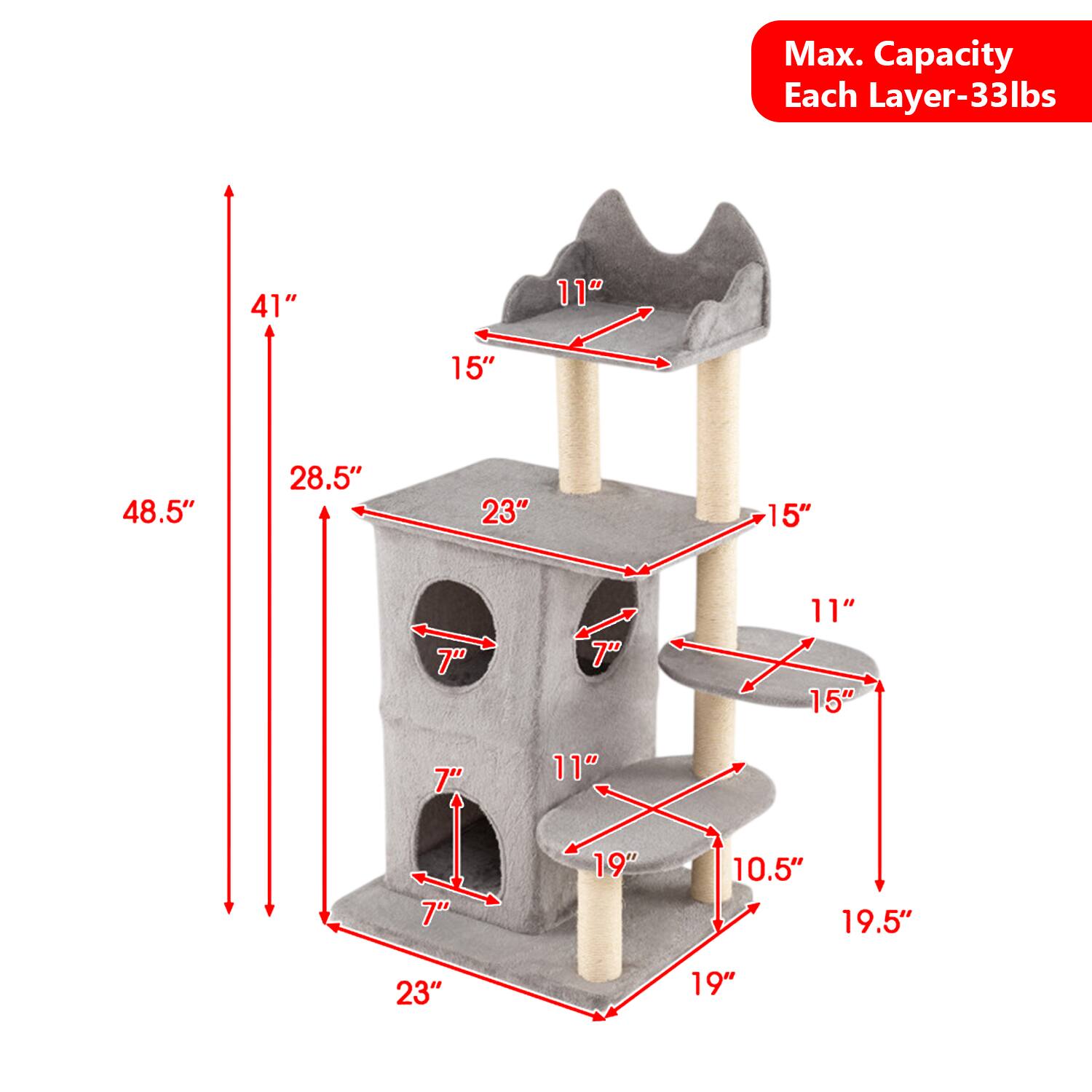 Max. Capacity Each Layer-33lbs  
41" 11" 15" 48.5" 28.5" 23" 15" 7" 7" 11" 15" 7" 11" 7" 19" 10.5" 19.5" 23" 19"