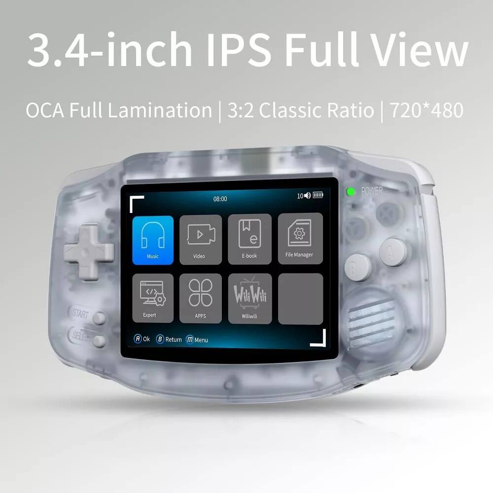 3.4-inch IPS Full View
OCA Full Lamination | 3:2 Classic Ratio | 720*480
08:00
1000) 10 aH
POWER
e Music Video E-book File Manager
START SELBST
Expert APPS
A
Ok
Return
M Menu
Wili Wili