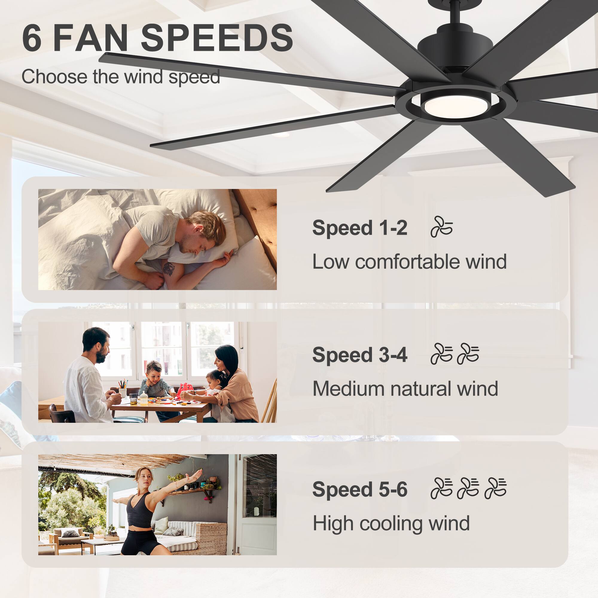 6 FAN SPEEDS  
Choose the wind speed

Speed 1-2  
Low comfortable wind

Speed 3-4  
Medium natural wind

Speed 5-6  
High cooling wind