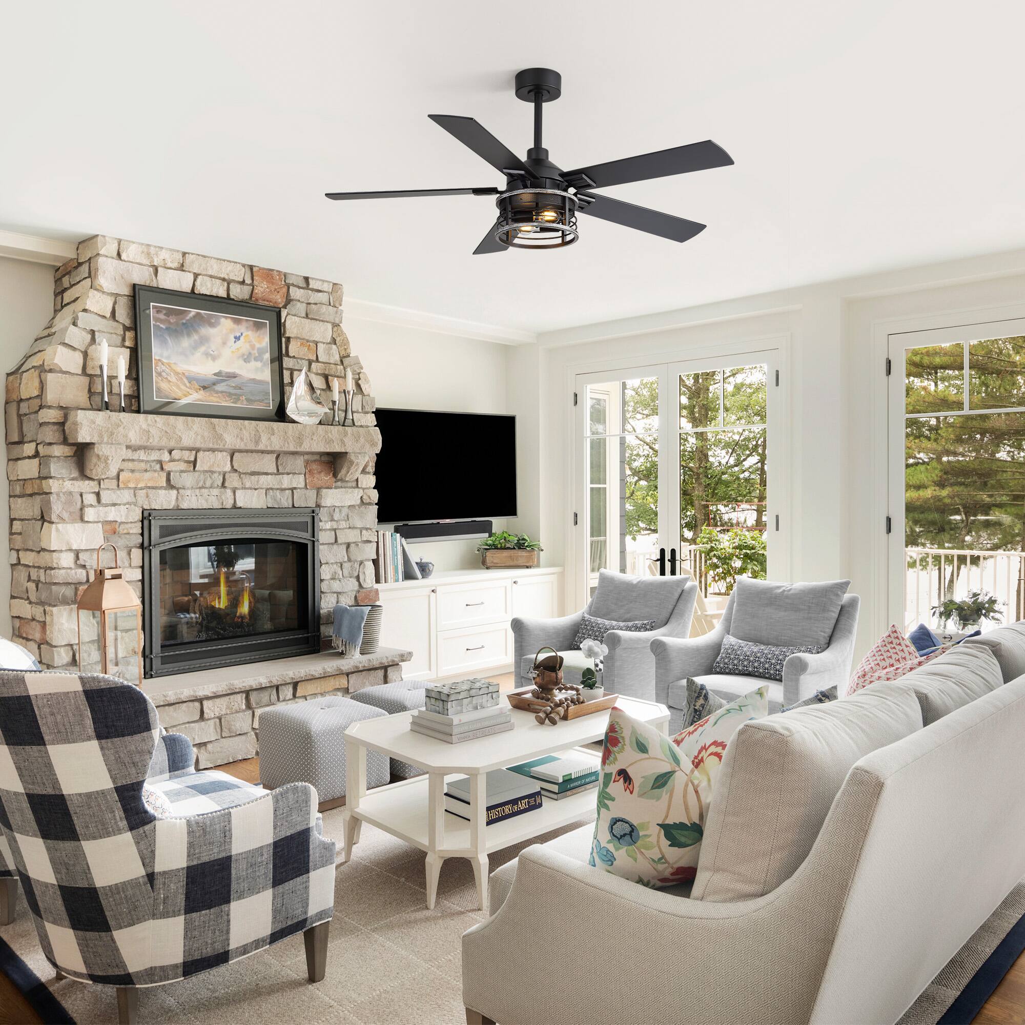 Alt View 2. Breezary - 52-Inch Indoor Modern Ceiling Fan with Integrated Light, DC Motor, 6-Speed Remote, 5 Blades, Includes 5" & 10" Downrods - Black and Charcoal Wood.