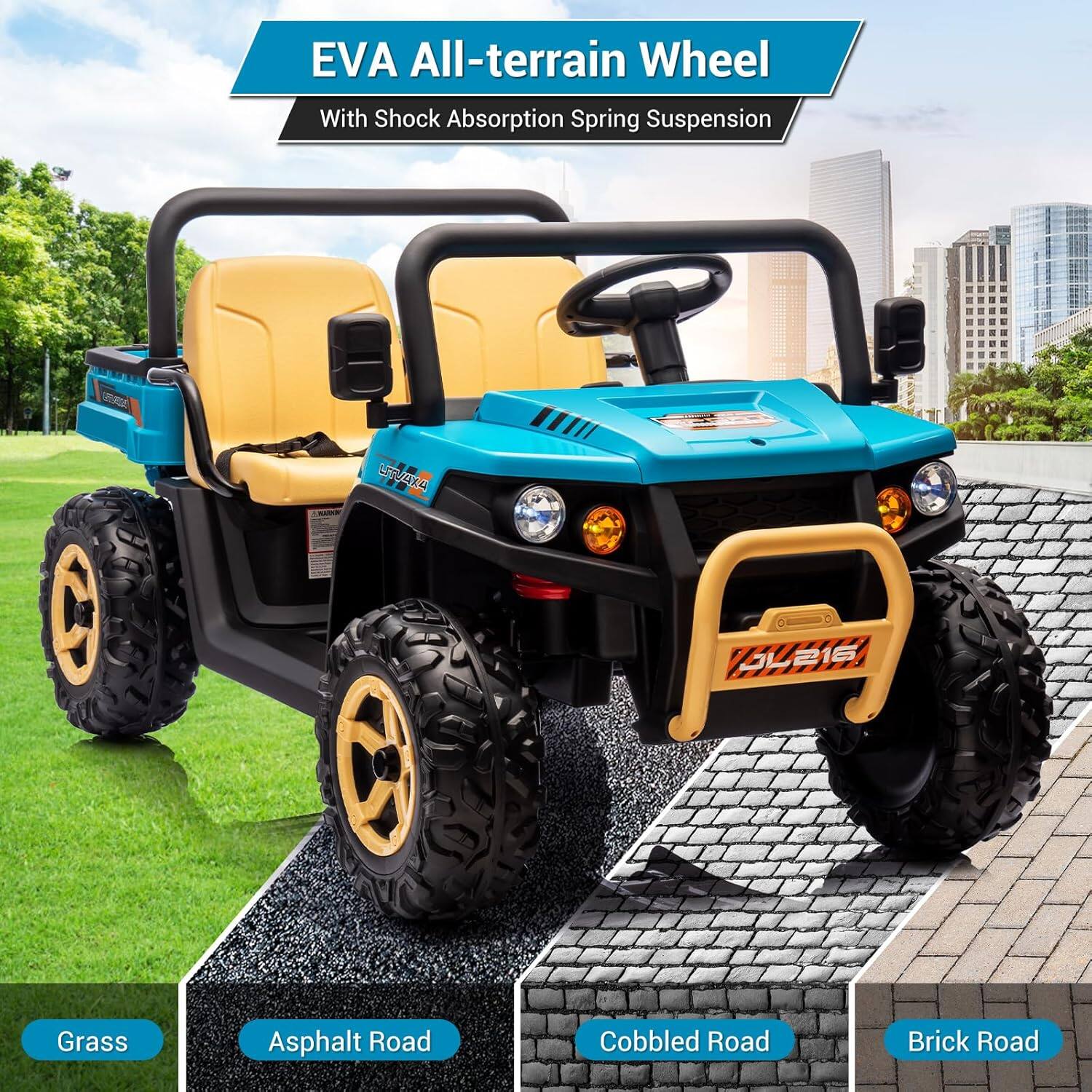 EVA All-terrain Wheel  
With Shock Absorption Spring Suspension  

Grass  
Asphalt Road  
Cobbled Road  
Brick Road