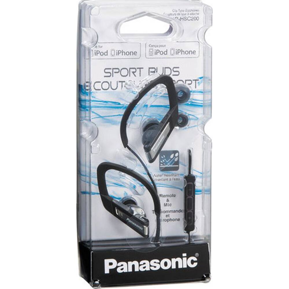 Sure, here is the corrected and grouped text from the image:

---

**Panasonic**

**SPORT BUDS**

**ECOUTE SPORT**

Compatible with:
- iPod
- iPhone

**Remote & Mic**
- Commande et microphone

**HSC200**

---

This text is organized to reflect the product information and compatibility as shown on the packaging.