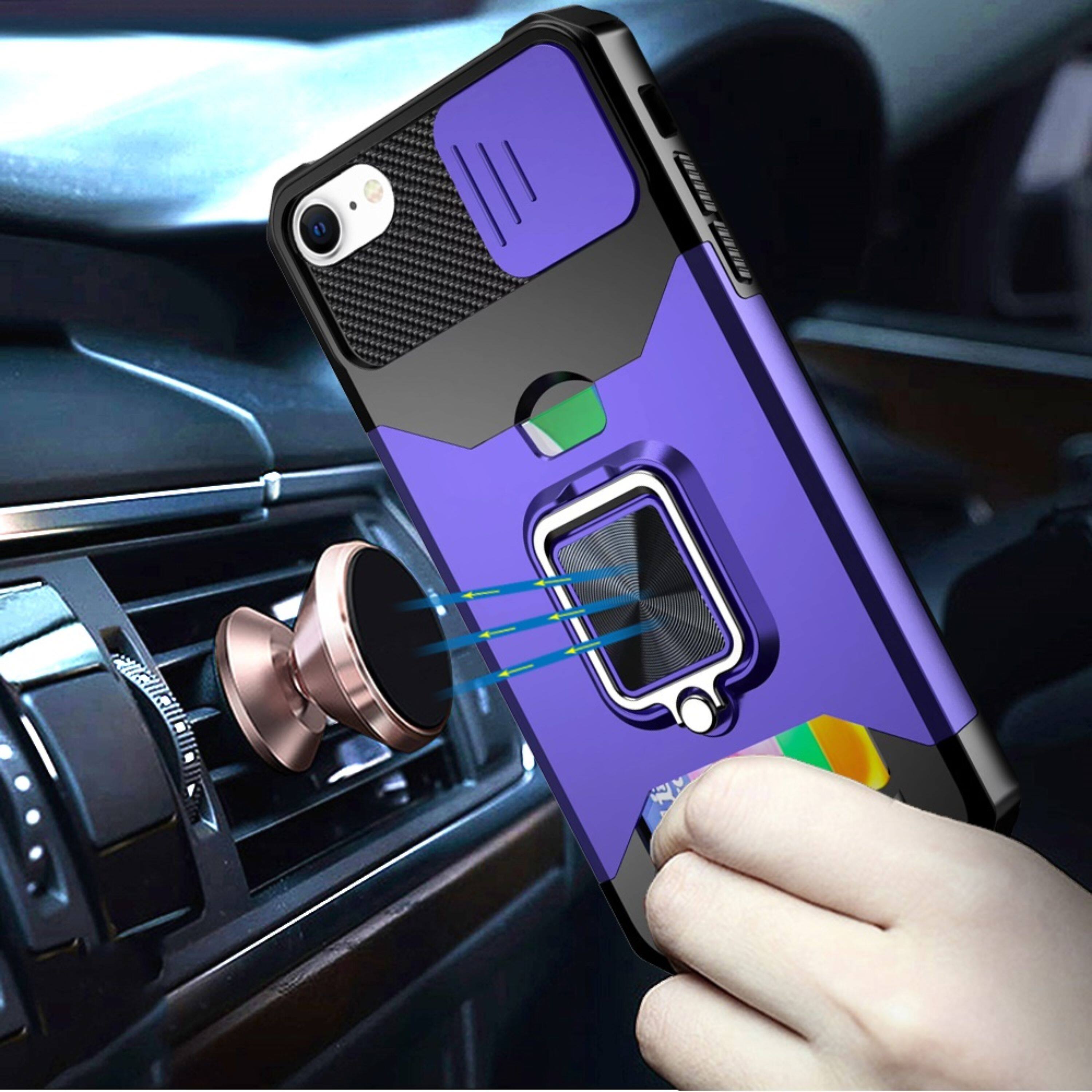 Angle. Kitcheniva - Rugged Multi-Use Card Magnetic Ring Stand Cover Phone Case With Tempered Glass For iPhone 16e/17e - Dark Purple.
