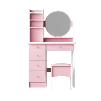 Front. Famapy - Luxury Vanity Table & Dresser Set: Premium Makeup Organizer with Stool - Pink.