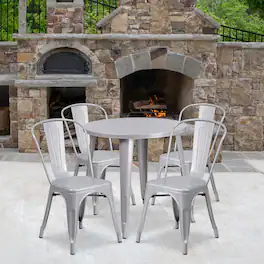 Emma + Oliver - Commercial Grade 30" Round Metal Indoor-Outdoor Table Set with 4 Cafe Chairs - Silver