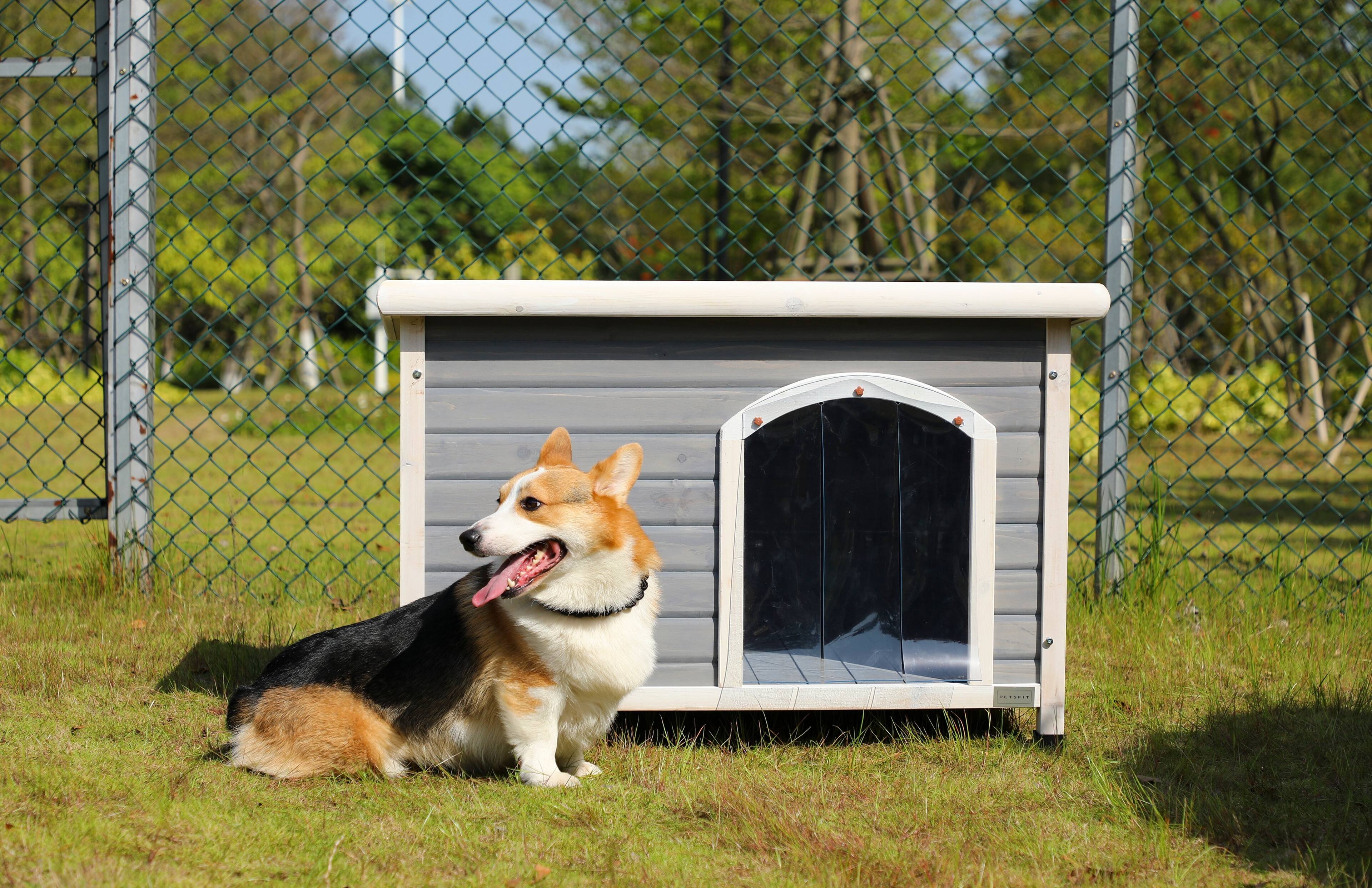 Front. Siljoy - Grey Medium Cedar Dog House, Waterproof Asphalt Roof, Elevated Floor & PVC Curtain for Up to 70 lbs.