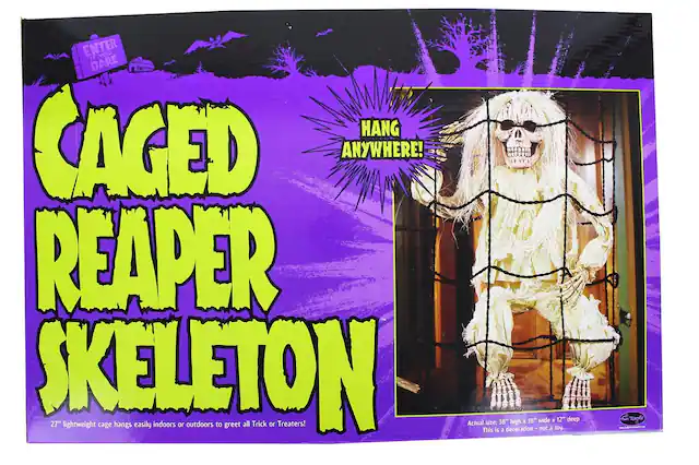 Enter if you dare! Caged Reaper Skeleton. Hang anywhere! 27" lightweight cage hangs easily indoors or outdoors to greet all Trick or Treaters! Actual size: 38" high x 18" wide x 12" deep. This is a decoration - not a toy.