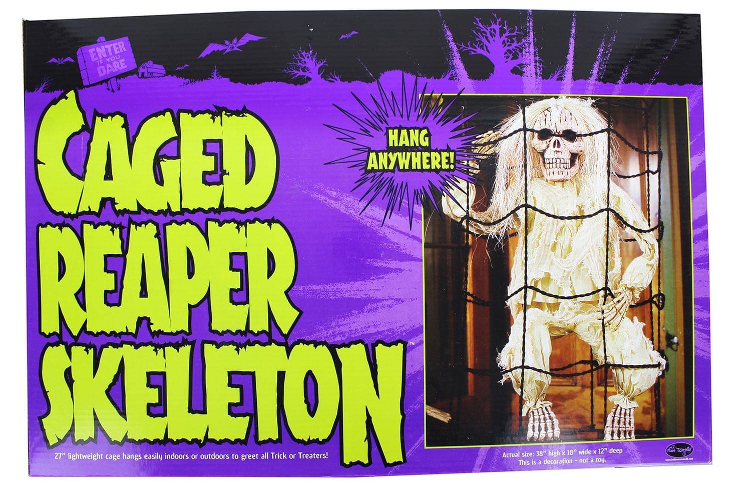 Enter if you dare! Caged Reaper Skeleton. Hang anywhere! 27" lightweight cage hangs easily indoors or outdoors to greet all Trick or Treaters! Actual size: 38" high x 18" wide x 12" deep. This is a decoration - not a toy.