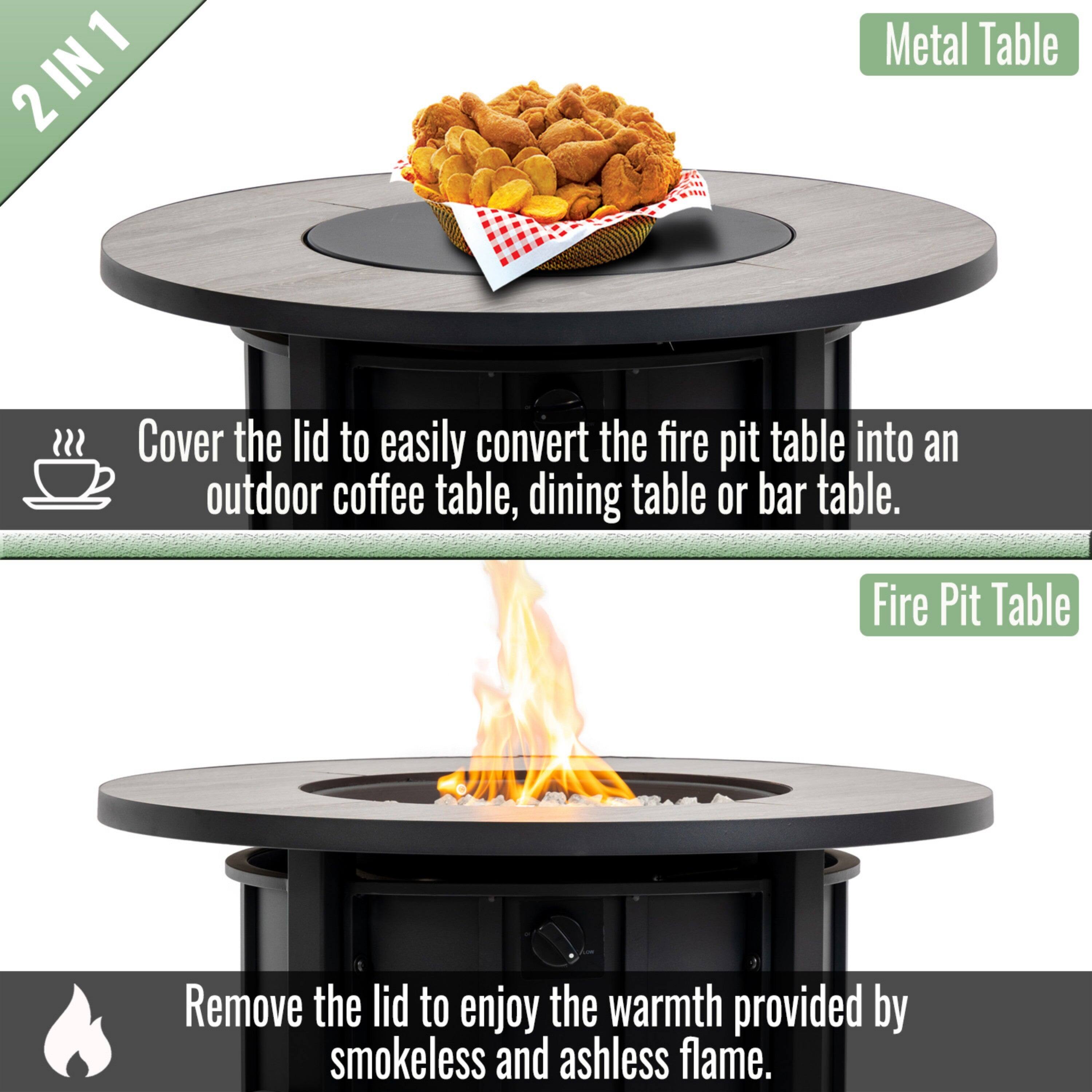 2 IN 1

Metal Table

Cover the lid to easily convert the fire pit table into an outdoor coffee table, dining table or bar table.

Fire Pit Table

Remove the lid to enjoy the warmth provided by smokeless and ashless flame.