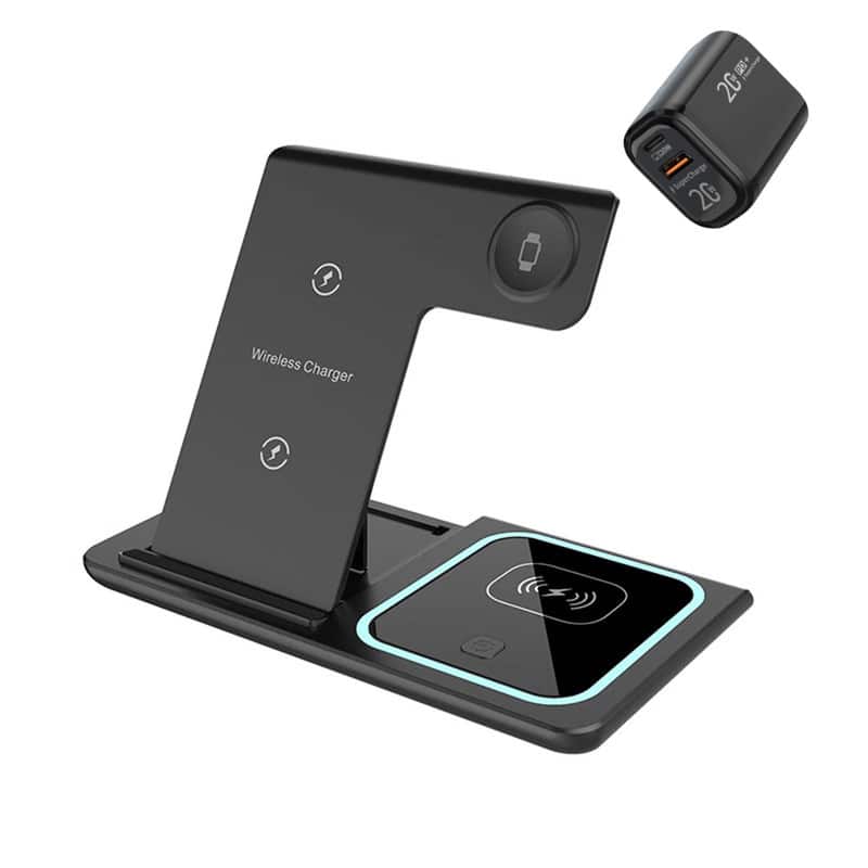 RISOKEYS - 15W 3-in-1 Wireless Charger with Charging Head - Foldable Dual-Coil Horizontal Charging, Smart Fast Charging with Light - Black