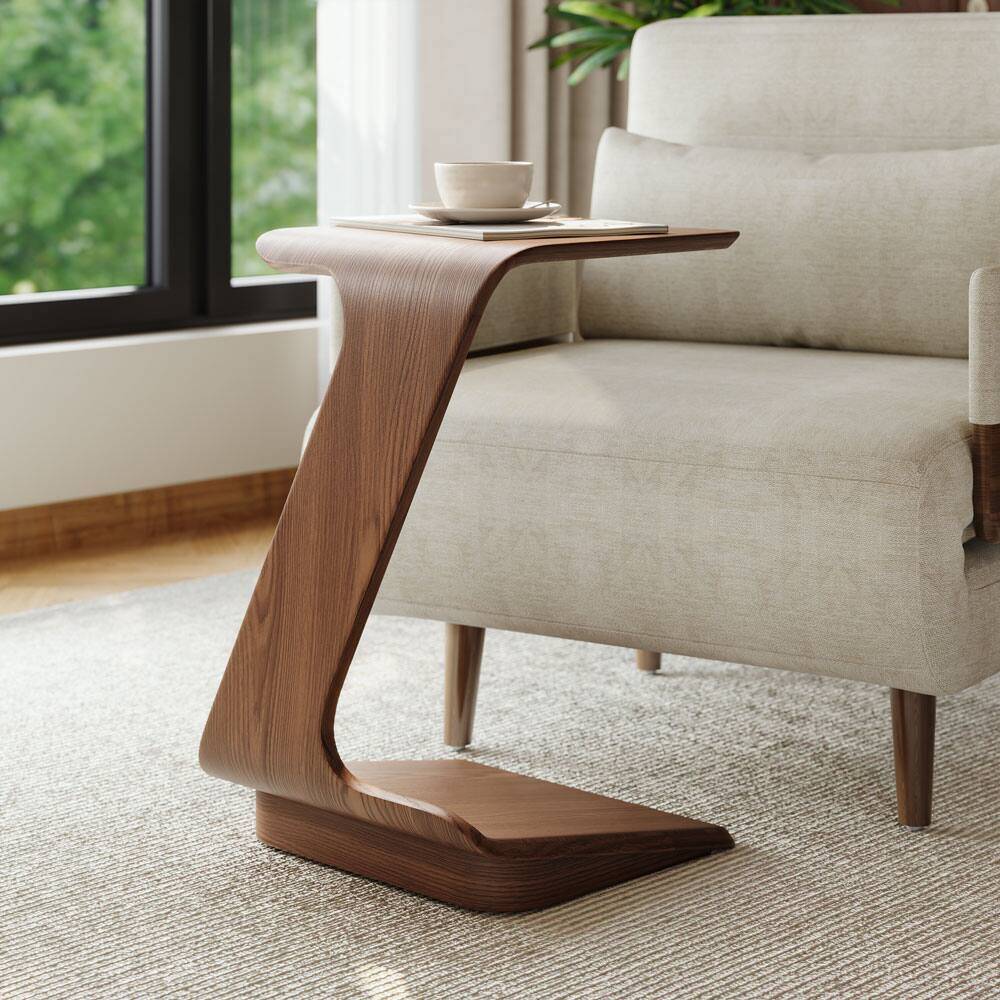 Left. POVISON - 15" Modern C-Shaped Side Table with Wheels, Mid-Century Modern, Walnut Color End Table for Living Room - Walnut Color.