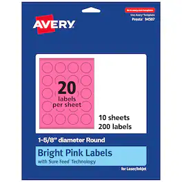 Avery - Printable Round Labels, Bright 1-5/8" Diameter, 200ct - Pink