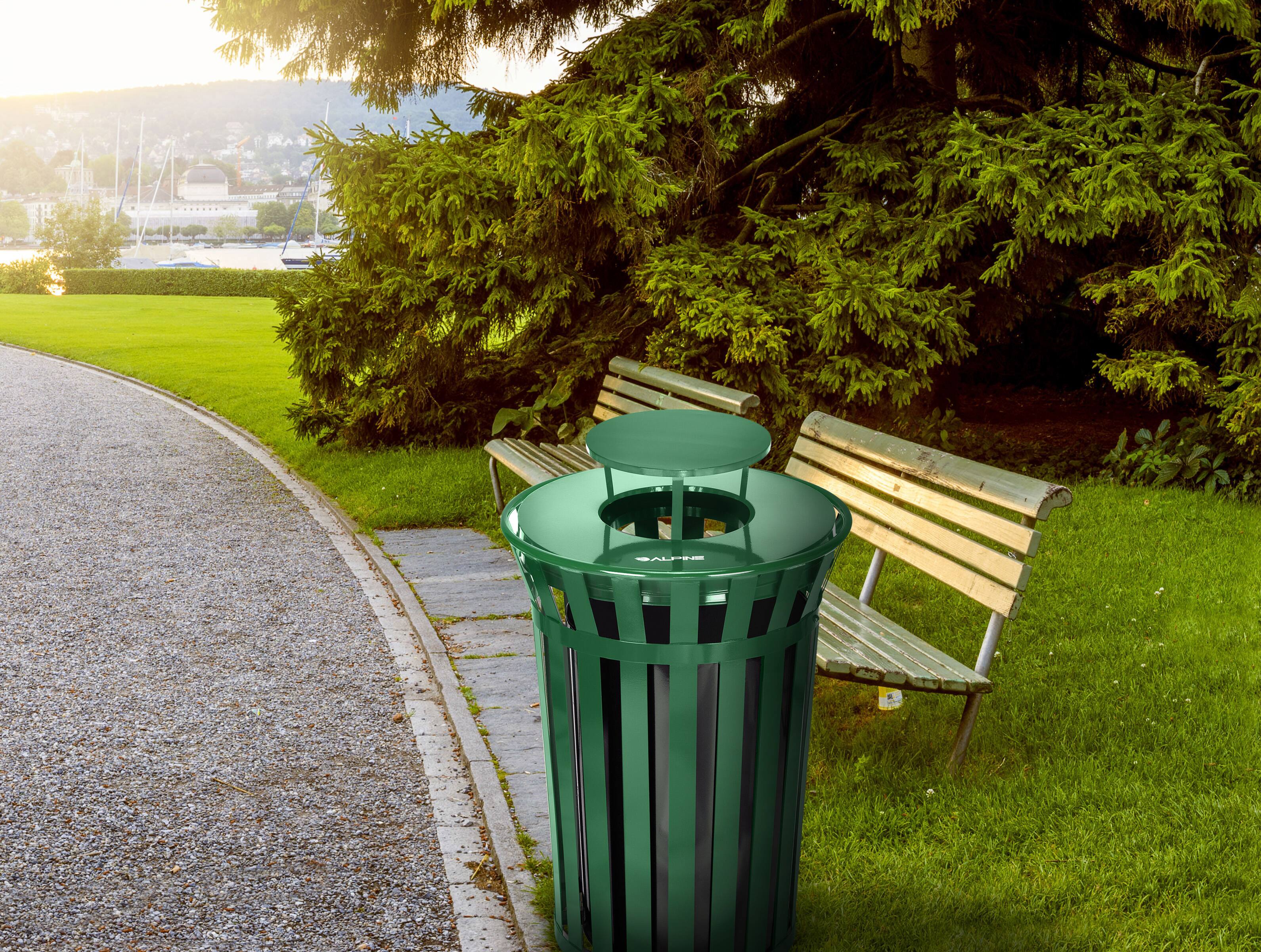 Alt View 8. Alpine Industries - 38 Gallon Outdoor Metal Recycling Bin Trash Can with Rain Bonnet Lid and Liner - Green.