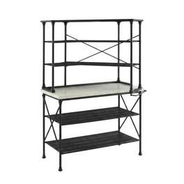 FurniFact - Matte Black Kitchen Island and Hutch Set with Anti-Tip Safety Features - White Marble