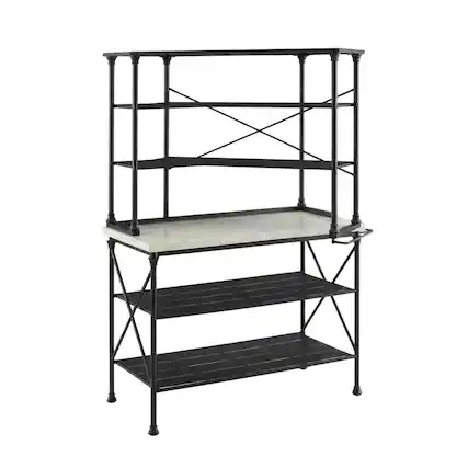 Front. FurniFact - Matte Black Kitchen Island and Hutch Set with Anti-Tip Safety Features - White Marble.