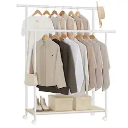 Songmics Home - Clothes Rack with Wheels, Double-Rod Clothing Rack for Hanging Clothes, 38.8 Inches Garment Rack with Shelf - Natural Beige and Cloud White